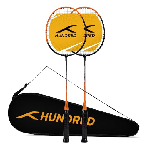HUNDRED Powertek 100 (2er-Set) Badmintonschläger mit Vollhülle (Schwarz Orange, Größe: Standard, Griffgröße: G5) Aufgereiht Material: Aluminium Maximale Spannung: 16–18 Pfund für Fortgeschrittene von HUNDRED