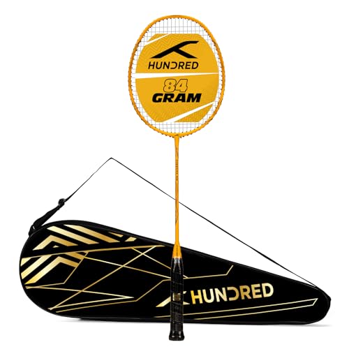 HUNDRED POWERTEK 906 Full Graphite Badminton Racket with Cover (Amber Yellow) | for Intermediate Player | Weight: 84 Gram | Maximum String Tension - 26lbs von HUNDRED