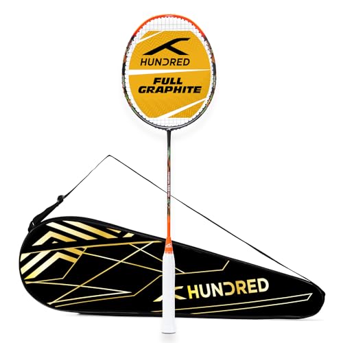 HUNDRED Powertek 1000 PRO Graphite Strung Badminton Racket with Full Racket Cover (Black/Orange) | for Intermediate Players | 95 Grams | Maximum String Tension - 26lbs von Hundred