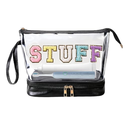 Große transparente Make-up-Tasche, transparent, mehrschichtige Kosmetiktasche, bestickte Buchstaben, Knödeltasche, wasserdichte Kulturtasche für Damen, Mädchen, Schwarz , Refer to description, Unisex von HUNJHYC