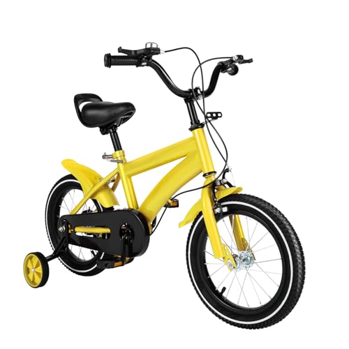 HUSPOO 14 Zoll Kinderfahrrad, Kohlenstoffstahl-Legierung Fahrrad mit Stützräder, HöHenverstellbar Kinder Fahrrad ab 3-6 Jahren, für Jungen & Mädchen Fahrrad für Schulung Outdoor Reiten (Gelb) von HUSPOO