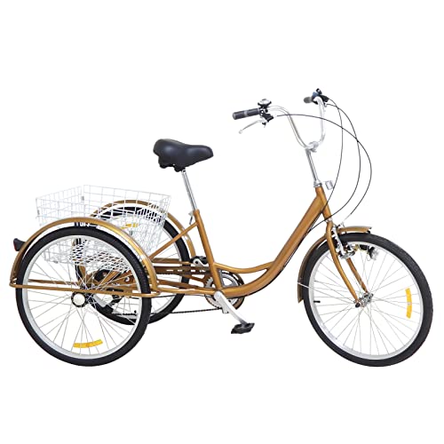 HUSPOO 24 Zoll Dreirad für Erwachsene 6 Gänge 3 Räder Fahrrad Cityräder mit Beleuchtung Antirutsch Verschleißfeste Räder und Korb für Senioren Erwachsene (Silber) von HUSPOO