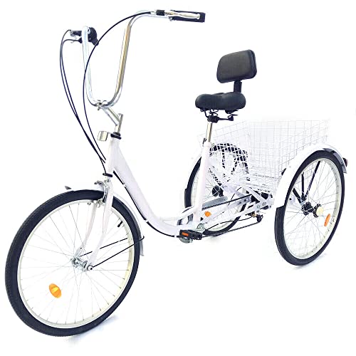 HUSPOO 24 Zoll Dreirad für Erwachsene 6 Gang 3 Räder Fahrrad Erwachsene Höhenverstellbar Cityräder mit Korb und Rückenlehne (Weiß) von HUSPOO