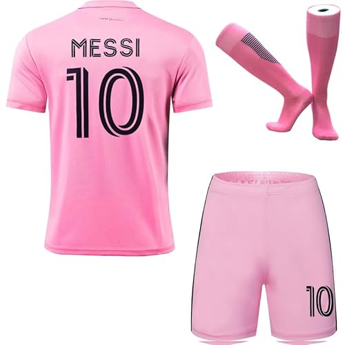 HUSSATEX Miami 2023/2024 Heim Leo #10 Kinder Fußball Trikot & Shorts mit Socken Geschenkset Jugendgrößen (Rosa, 24) von HUSSATEX