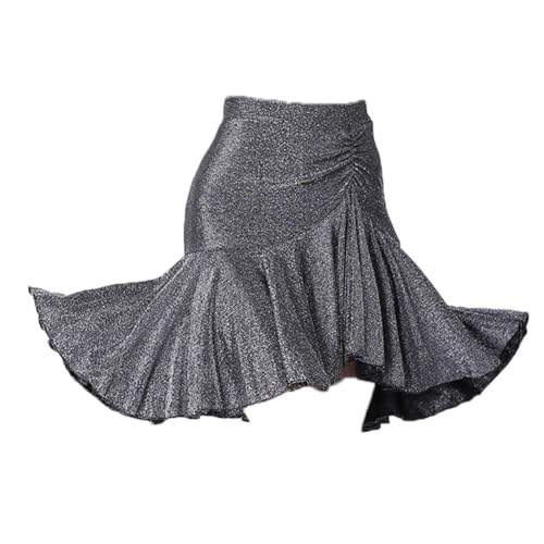 HWBZSZY Damen Hochtailliertes Elastisches Taillenrock Tanzkleid für Erwachsene - Professionelles Spring- und Sommer-Tanzoutfit, Unregelmäßiger Halbrock für Latein, Samba Tanzübungen,Silber,L von HWBZSZY