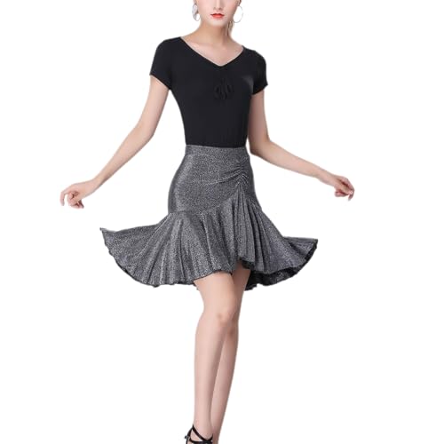 HWBZSZY Damen Latin Tanz Rock Ballsaal Tango Rumba Tanzkleid mit kurzen Ärmeln Trikot Weibliche Übung Wettbewerb Tanzbekleidung Bühne Performance Kostüm,Silber,XL von HWBZSZY