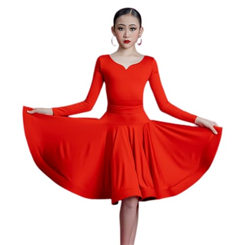 HWBZSZY Kinder Langarm Standard Latin Dance Kostüm für professionelle Wettbewerb; Mädchen große Swing Kleid; Salsa Rumba Cha Cha Samba Tango Top Rock,Rot,120 von HWBZSZY