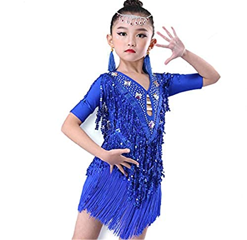 HWBZSZY Kinder Mädchen Pailletten Latin Dance Kostüme Kurzarm Quaste Rock Eislaufen Gymnastik Kleid für Jazz Tango Rumba Ballroom Dancewear,Blau,120cm von HWBZSZY