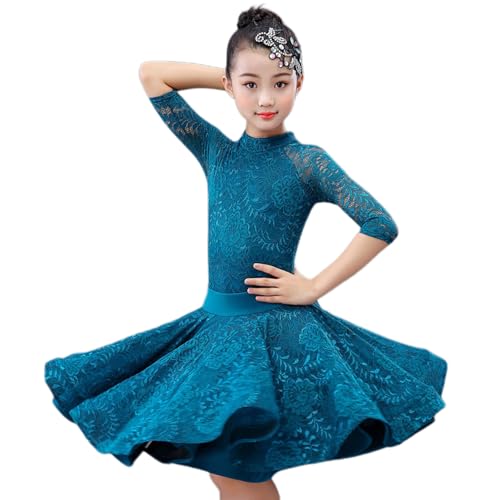 HWBZSZY Kinder Mittellange Ärmel Latin Dance Kleid Ballroom Mädchen Spitze Bühne Performance Rock Kinder Salsa Samba Tanz Kostüm Tanzen Praxis Outfit 120-170cm,Blau,120 von HWBZSZY