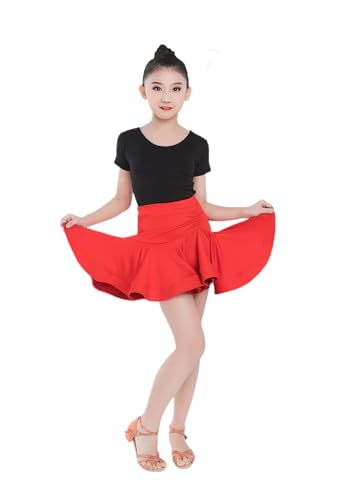 HWBZSZY Kurzarm Mädchen Latin Tanz Rock Milch Seide Faser Ballsaal Salsa Tango Übung Kleid Split Performance Wettbewerb Kostüm,Rot,130 von HWBZSZY