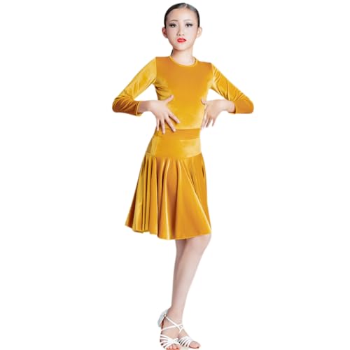 HWBZSZY Latin Dance Kostüm 2 STÜCKE Ballsaal Salsa Tango Röcke Kinder Training Anzug Herbst Winter Performance Samt Langarm Professionelle Wettbewerb Kleid,Gelb,170 von HWBZSZY