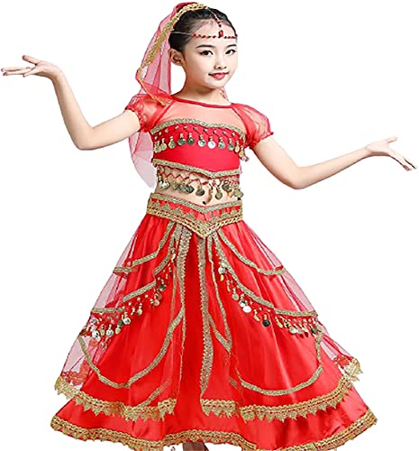 HWBZSZY Mädchen Bauchtanz Top Rock 5 Stücke Kit - Orientalische Tanzkostüme Kinder Party Fancy Dress Carnival Outfit mit Kleidung + Rock + Taille Seal + Bandana + Kopfkette,Rot,M von HWBZSZY