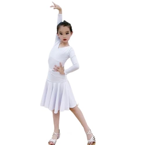 HWBZSZY Mädchen' Große Swing Kleid Langarm Kinder Latin Dance Kostüm Für Professionelle Wettbewerb Ballsaal Tango Chacha Salsa Samba Rock Kinder Performance Kleidung,Weiß,150 von HWBZSZY