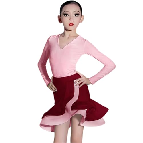 HWBZSZY Mädchen Latin Dance Rüschen Hem Rock Langarm Übung Tanzbekleidung Salsa Wettbewerb Kostüme Tango Performance Kleider Modern Tanz Outfit,Rosa,110 von HWBZSZY