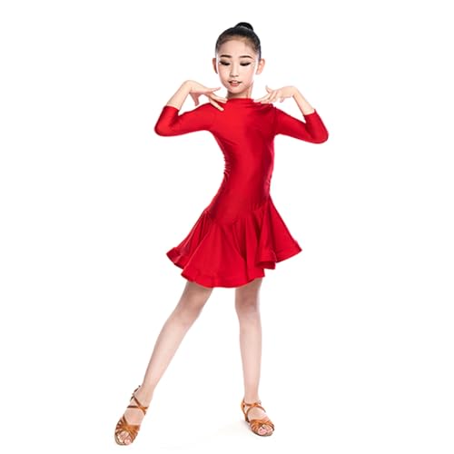 HWBZSZY Neue Latin Kleid Mädchen Wettbewerb Tanzen Kostüm Kinder Langarm Ballsaal Praxis Outfit Für Mädchen Salsa Rumba Cha Cha Samba Tango Rüschen Röcke,Rot,150 von HWBZSZY