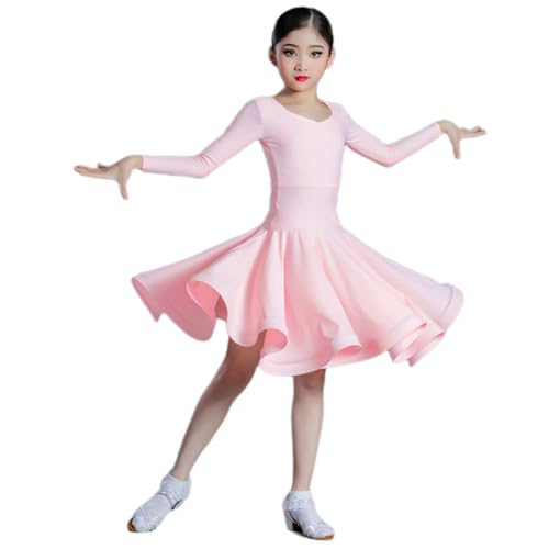 HWBZSZY Professionelle Latin Dance Performance Wettbewerb Kleid für Mädchen, Mordern Tanz Ballsaal Kleider Tanzen Kostüm Praxis Salsa Tango Große Swing Rock Zweiteiliges Set,Rosa,130 von HWBZSZY