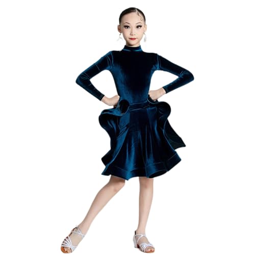 HWBZSZY Samt Langarm Latin Tanzkleid Für Mädchen Kinder Herbst Und Winter Ballsaal Tango Salsa Tanzbekleidung Bühne Performance Wettbewerb Übung Rock,Blau,140 von HWBZSZY