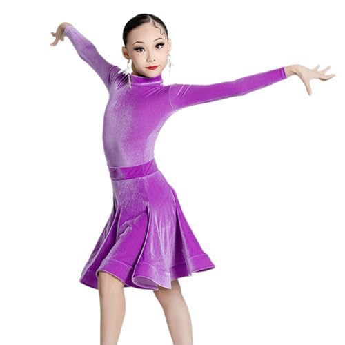 HWBZSZY Samt Langarm Latin Tanzkleid Für Mädchen Kinder Herbst Und Winter Ballsaal Tango Salsa Tanzbekleidung Bühne Performance Wettbewerb Übung Rock,Lila,150 von HWBZSZY