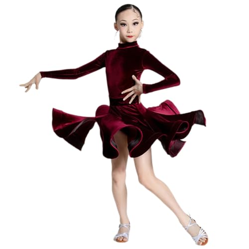 HWBZSZY Samt Langarm Latin Tanzkleid Für Mädchen Kinder Herbst Und Winter Ballsaal Tango Salsa Tanzbekleidung Bühne Performance Wettbewerb Übung Rock,Rot,140 von HWBZSZY