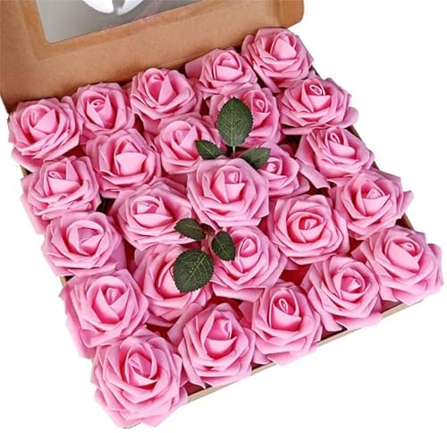 HXFFXHF 25/50 Köpfe Künstliche Rosenblüten Schaum Fake Faux Blumen Rosen für DIY Hochzeitssträuße Party Home Decor Gartendekoration-F01 Dunkelrosa, 25 Stück ohne Box Blätter von HXFFXHF