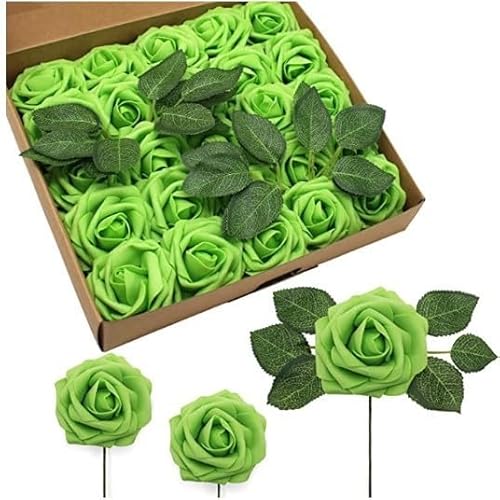 HXFFXHF 25/50 Köpfe Künstliche Rosenblüten Schaum Fake Faux Blumen Rosen für DIY Hochzeitssträuße Party Home Decor Gartendekoration-F01 Grün, 25 Stück ohne Box Blätter von HXFFXHF