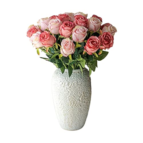 HXFFXHF Künstliche Blumen, rosa Rosen, Simulationsblumenarrangement, gefälschter Blumenstrauß mit Keramikvase, Esstischdekoration, Hochzeitsdekoration, künstliche Blumen von HXFFXHF