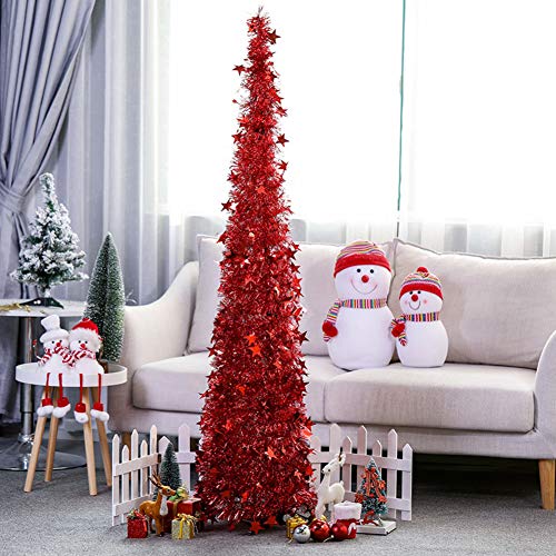 HXFFXHF Lametta-Pop-Up-Weihnachtsbaum, einfach zu montierender, zusammenklappbarer künstlicher Bleistift-Weihnachtsbaum mit glänzenden Pailletten für die Heimdekoration, rot, 120 cm (4 Fuß) Das Neue von HXFFXHF