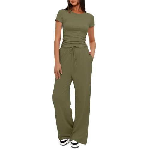 Damen 2-teilige Casual Trainingsanzug Set, Kurzärmliges Plissee Top Und High Waisted Wide Leg Hosen, Sommer Lounge Outfit Für Alle Größen-Army Green||XXL von HXLARS