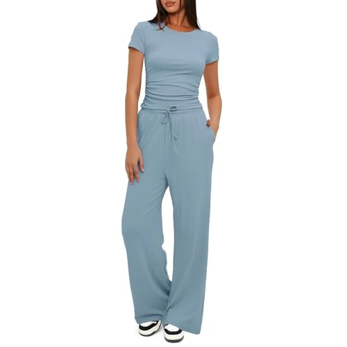 Damen 2-teilige Casual Trainingsanzug Set, Kurzärmliges Plissee Top Und High Waisted Wide Leg Hosen, Sommer Lounge Outfit Für Alle Größen-Blue||L von HXLARS