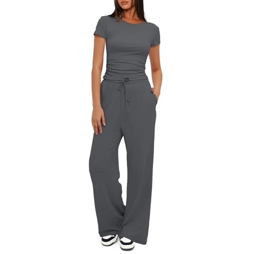 Damen 2-teilige Casual Trainingsanzug Set, Kurzärmliges Plissee Top Und High Waisted Wide Leg Hosen, Sommer Lounge Outfit Für Alle Größen-Dark Grey||XXL von HXLARS