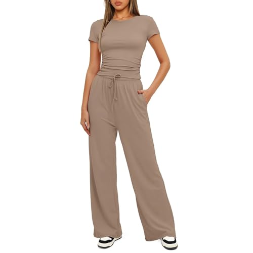 Damen 2-teilige Casual Trainingsanzug Set, Kurzärmliges Plissee Top Und High Waisted Wide Leg Hosen, Sommer Lounge Outfit Für Alle Größen-Khaki||XL von HXLARS