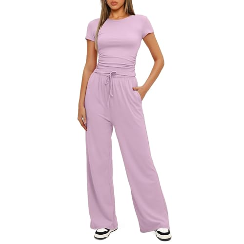 Damen 2-teilige Casual Trainingsanzug Set, Kurzärmliges Plissee Top Und High Waisted Wide Leg Hosen, Sommer Lounge Outfit Für Alle Größen-Pink||XL von HXLARS