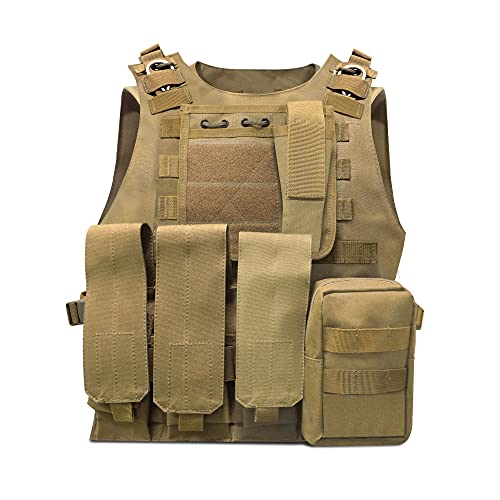 HYCOPROT Taktische Weste, 1000D Oxford verstellbare Militär-Airsoft-Weste, für spezielle Mission, Outdoor-Abenteuer-Paintball, Militärtraining (Khaki) von HYCOPROT