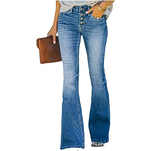 HYCYYFC 90er-Jahre-Vintage-Jeans mit Knopfleiste, hoher Taille, ausgestelltem Bein, Damen-Jeans mit hoher Taille, entspannter Passform, dehnbarer, ausgestellter Jeanshose (Color : Blue, Size : S) von HYCYYFC