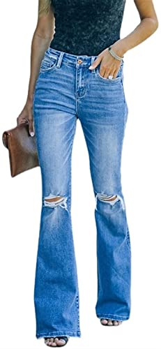 HYCYYFC Damen Röhren Skinny Jeans Slim Stretch Hüft Hose mit Rissen zerrissen Löchern Ripped Destroyed Distressed Streetwear (Color : Blue, Size : M) von HYCYYFC
