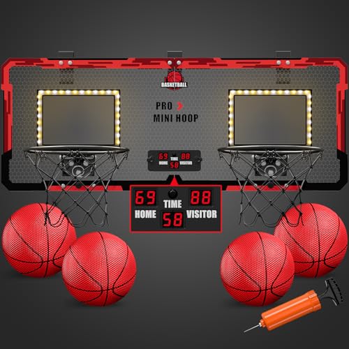 HYES 2-Spieler Basketballkorb für Kinder mit LED-Licht, Basketballkorb für Kids mit 4 Ball Pumpe Indoor Outdoor Basketball Korb Sport Spielzeug Basketball Board, Rot von HYES