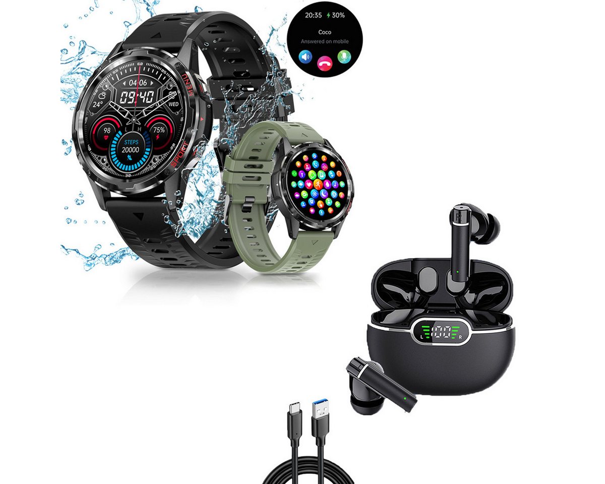 HYIEAR Smartwatch, Bluetooth-In-Ear-Kopfhörer 5.3, lpx5 wasserdicht Smartwatch (Android/iOS) Set, Wird mit usB-Ladekabel geliefert., Voice Assistant,Gesundheitsfunktionen, individuelle Ziferblätter von HYIEAR