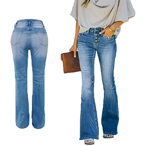 90er Jahre Vintage-Jeans mit Knopfleiste, Hoher Taille, Ausgestelltem Bein, Damen, Hoher Bund, Distressed, Klassischer, Dehnbarer Denim-Schlag (Color : Blue, Size : XXL) von HYMCX