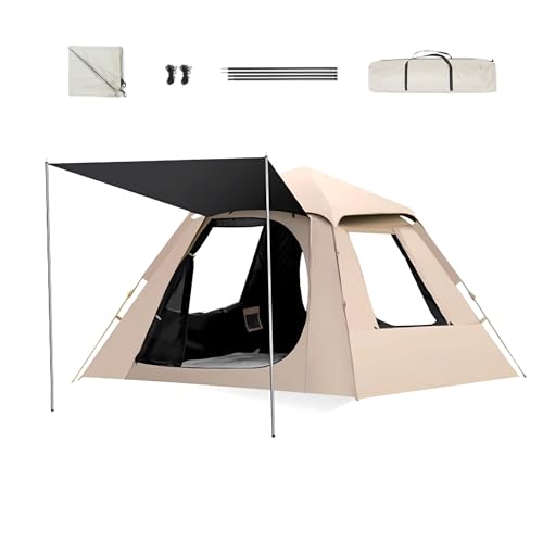 HYPIQQ Wurfzelt Campingzelt Automatisches Sofortzelt Pop Up Ultraleichtes Kuppelzelt 4 Jahreszeiten Wasserdicht & Winddicht Campingzelt Mit Abnehmbarer Außenplane,Beige,A3~5person von HYPIQQ