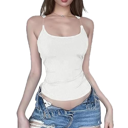 HYPYXUS Luvette Tank, Tanktop mit unsichtbaren Trägern für Damen, Geripptes Tanktop, sexy Tanktop mit quadratischem Ausschnitt und transparenten Trägern, ärmellose Tops mit U-Ausschnitt (White,L) von HYPYXUS