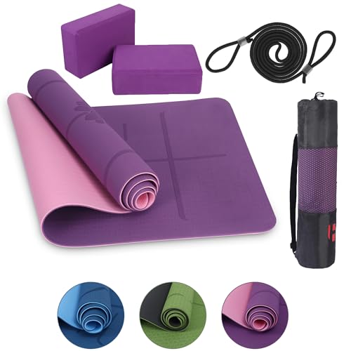 Habib Group Yogamtte Satz inklusive Yogablöcke - Rutschfeste Gepolsterte Trainingsmatte für Fitness Inklusive Yogagurt und Tasche - 2er Set YogaBlöcke für Pilates,Meditation,Erholung - Violett von Habib Gruppe