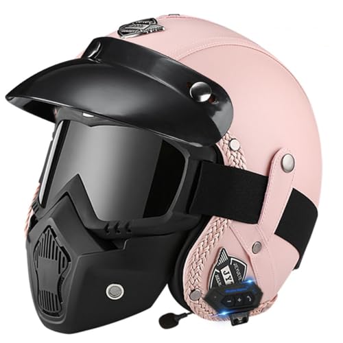 Bluetooth Jethelm Vintage Motorradhelm Leder Helm Winddichter Roller Helm Mit Schutzbrille Halbschalenhelm Scooter-Helm Offenem Helm DOT/ECE-Zertifizierter Für Herren Damen 4,XL:61-62CM von HaiBing