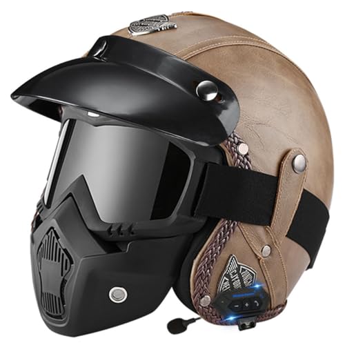 Bluetooth Jethelm Vintage Motorradhelm Leder Helm Winddichter Roller Helm Mit Schutzbrille Halbschalenhelm Scooter-Helm Offenem Helm DOT/ECE-Zertifizierter Für Herren Damen 7,XL:61-62CM von HaiBing