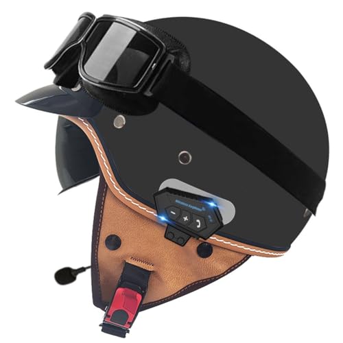 Bluetooth Motorradhelm Halbschalenhelm 3/4 Jethelm Mit Sonnenblende Winddichter Motorrad Roller Helm Scooter-Helm Offenem Helm DOT/ECE-Zulassung Für Damen Und Herren 8,XL:61-62CM von HaiBing