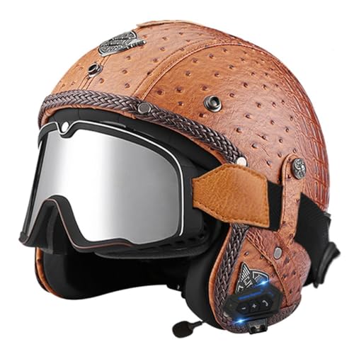 Bluetooth Motorradhelm Jethelm Mit Brille Vintage Roller Helm Offener Helm Damen Herren DOT/ECE-Zulassung Sommer Motorrad Halbhelm Sturzhelm Scooter Moped Helm 10,XL:61-62CM von HaiBing