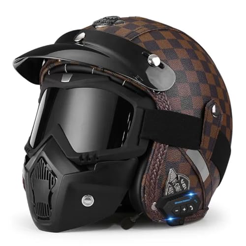 Bluetooth Motorradhelm Leder Motorrad Halbhelme DOT/ECE-Zertifizierter Cruiser Roller-Helm Scooter-Helm Schutzhelm Für Herren Damen Mit Schutzbrille Jethelm Halbschalenhelm 13,XL:61-62CM von HaiBing