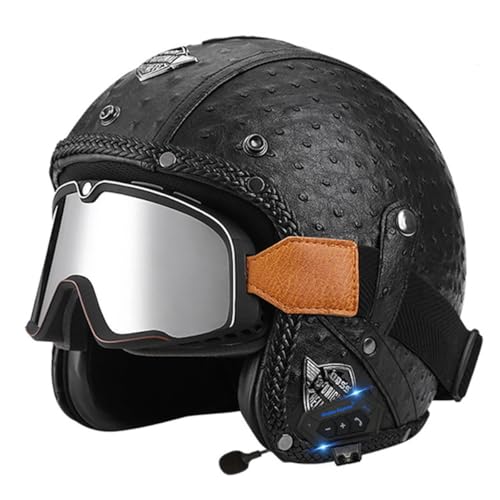 Bluetooth Offener Helm Jethelme Motorradhelm DOT/ECE-Zulassung Sommer Motorrad Halbhelm Sturzhelm Mit Brille Vintage Stil Halbschalenhelm Für Erwachsene Herren Damen 2,XL:61-62CM von HaiBing