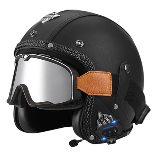 Bluetooth Offener Helm Jethelme Motorradhelm DOT/ECE-Zulassung Sommer Motorrad Halbhelm Sturzhelm Mit Brille Vintage Stil Halbschalenhelm Für Erwachsene Herren Damen 4,M:57-58CM von HaiBing