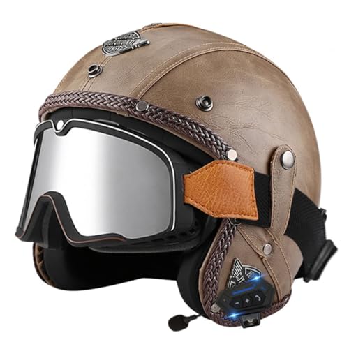 Bluetooth Offener Helm Jethelme Motorradhelm DOT/ECE-Zulassung Sommer Motorrad Halbhelm Sturzhelm Mit Brille Vintage Stil Halbschalenhelm Für Erwachsene Herren Damen 5,S:55-56CM von HaiBing