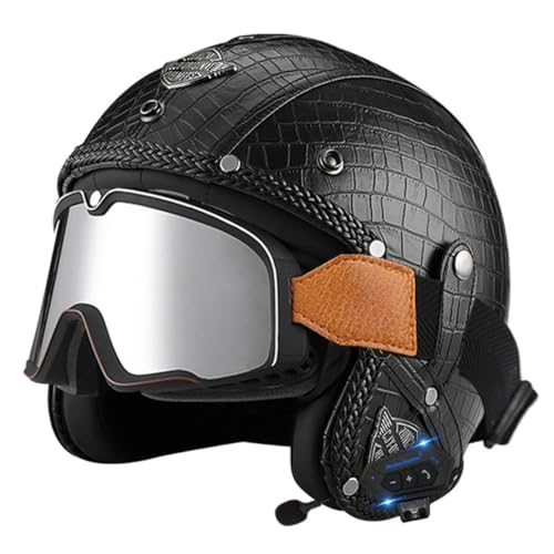 Bluetooth Offener Helm Jethelme Motorradhelm DOT/ECE-Zulassung Sommer Motorrad Halbhelm Sturzhelm Mit Brille Vintage Stil Halbschalenhelm Für Erwachsene Herren Damen 8,XXL:63-64CM von HaiBing